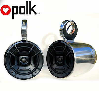 Pair of Single Polished Bullet Speaker Pod Polk DB652 300Watt Marine Speaker Installed